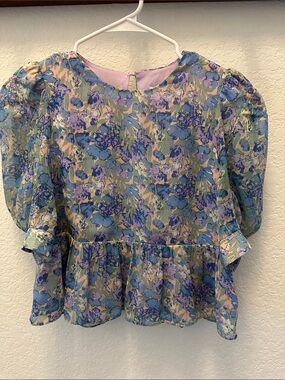En Saison Floral Peplum Blouse - Blue, Lavender & Sage
